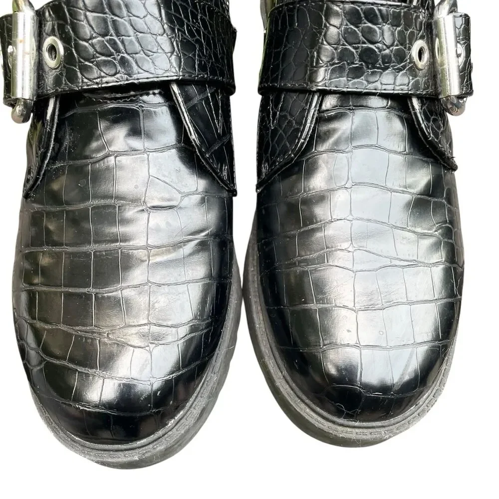Chunky Moto Goth Punk Rock Aldo Black Patent Mock Croc Combat Boots Size 8.5